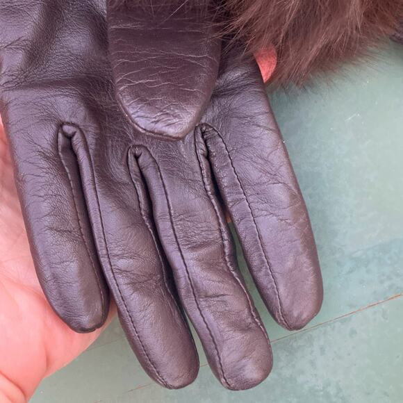 Quilted Lambskin Leather Gloves Genuine Fur Cuff Cashmere Lined Chocolate Brown - Picture 4 of 6